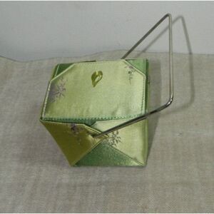 Chinese Take Out Food Box Purse Green Floral Brocade Satin Japanese Bag
